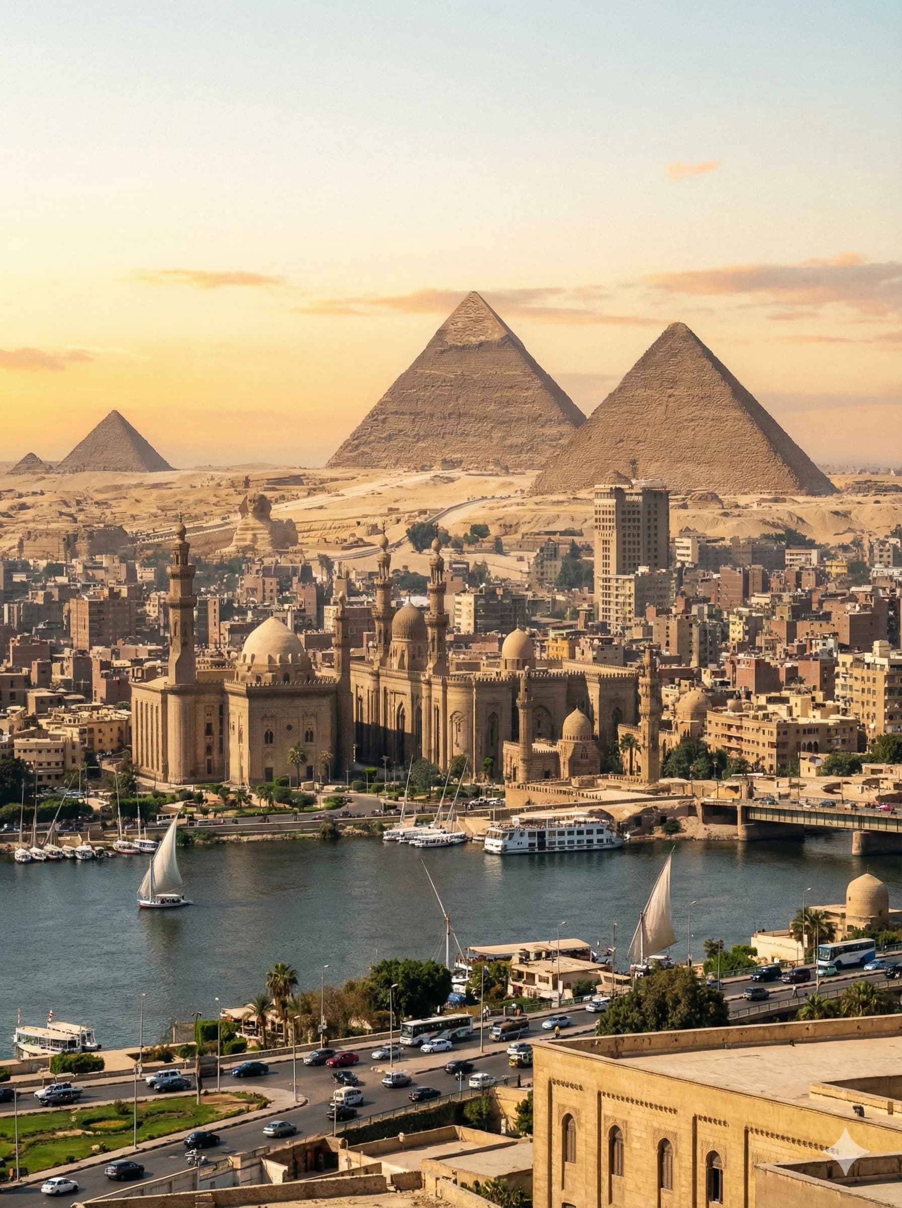 Cairo skyline with the Nile and pyramids