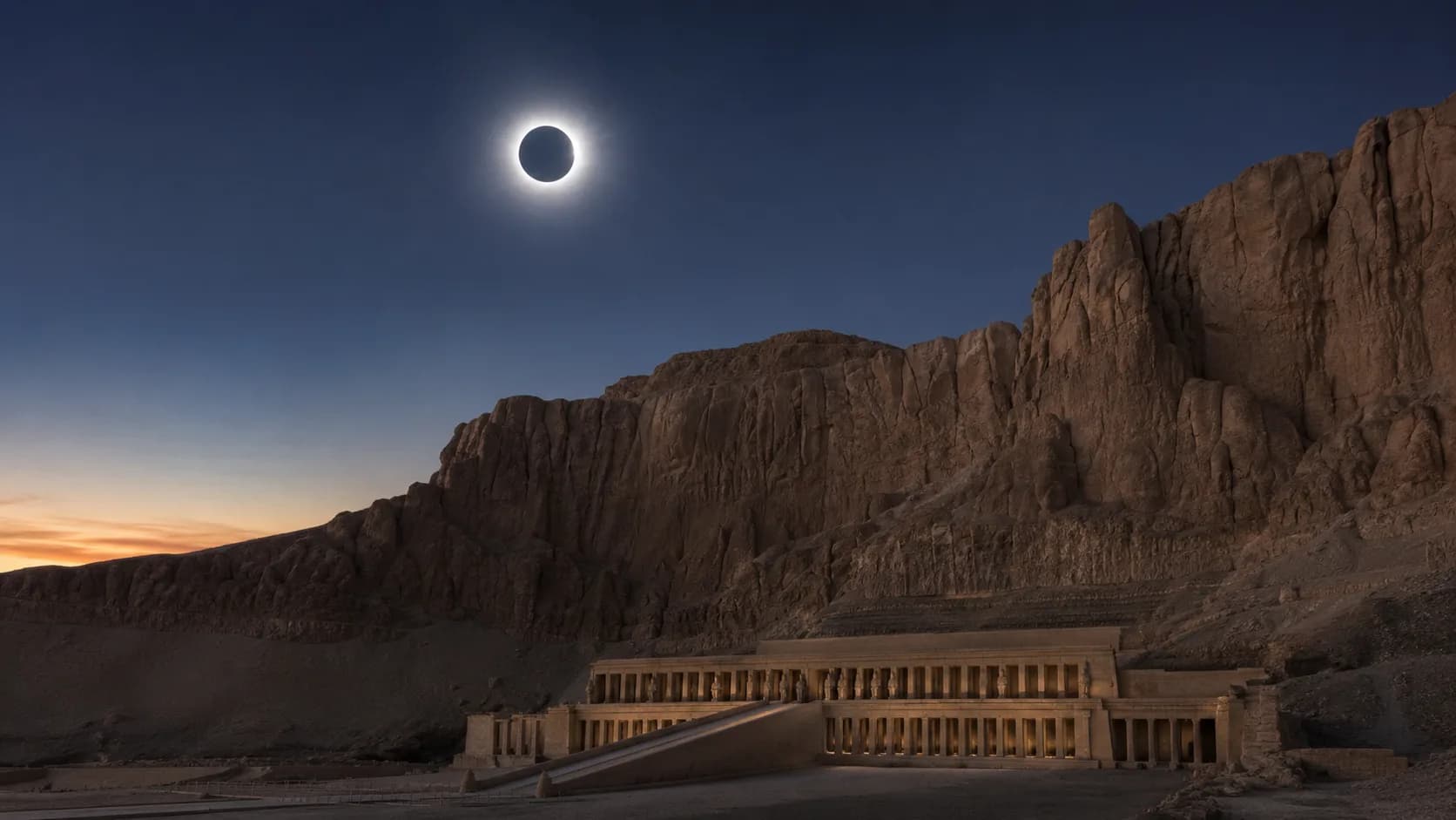 Total solar eclipse above the Temple of Hatshepsut — artist's impression
