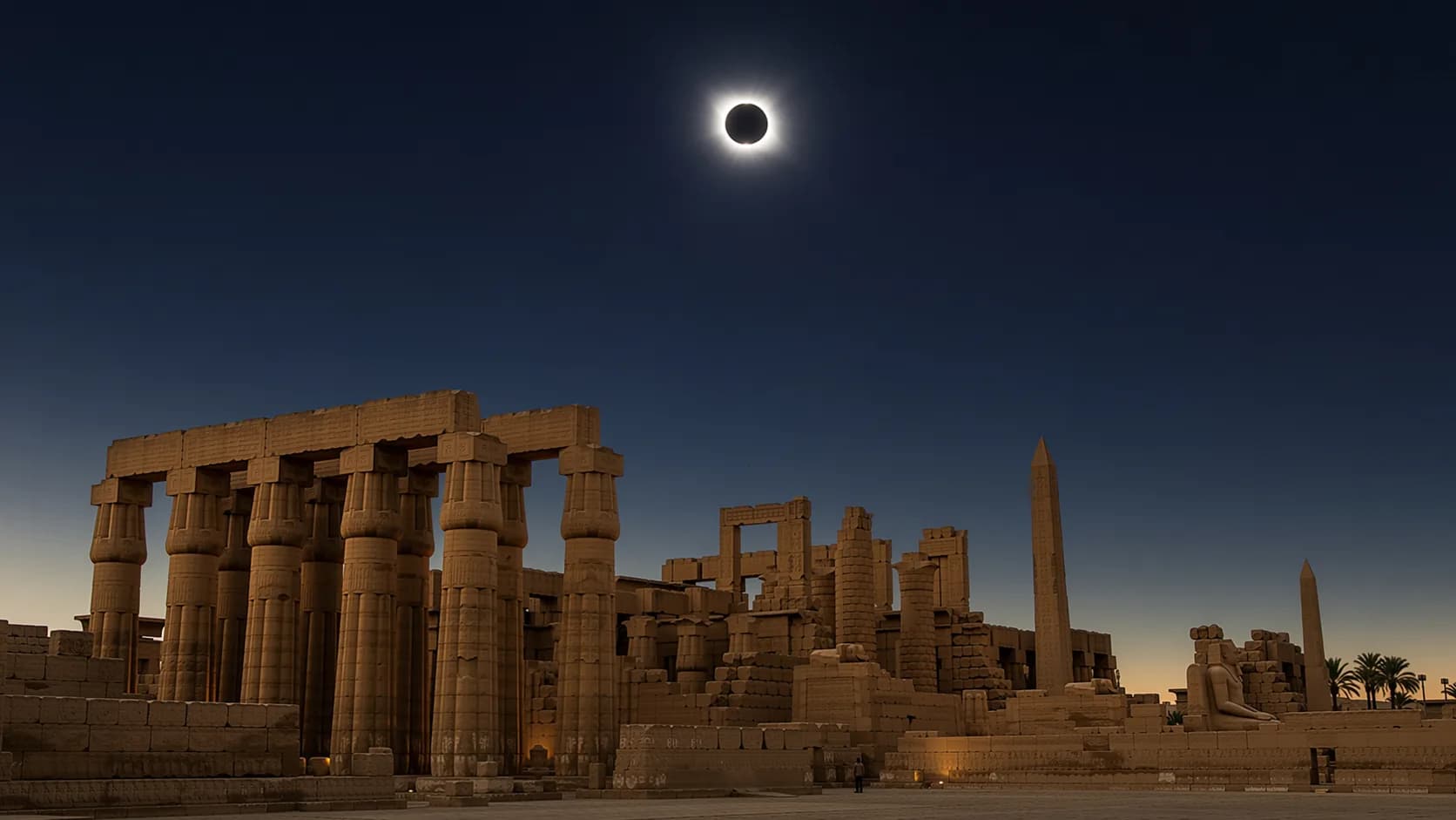 Total solar eclipse above the hypostyle hall at Karnak — artist's impression