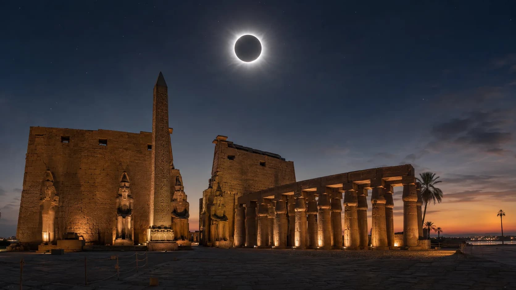 Total solar eclipse above Luxor Temple — artist's impression