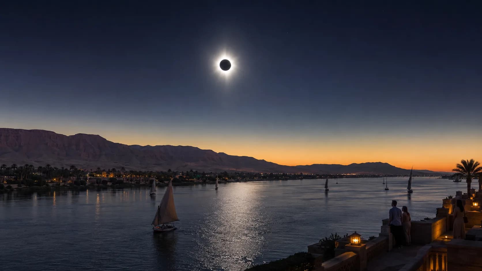 Total solar eclipse over the Nile at Luxor — artist's impression